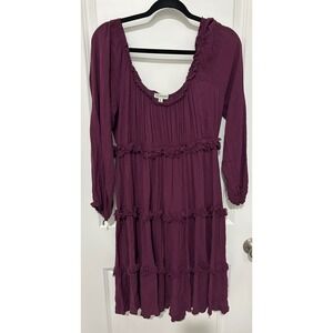 Earthbound Trading Co Burgundy Tiered Ruffle‎ Long Sleeve Mini Dress XL Boho